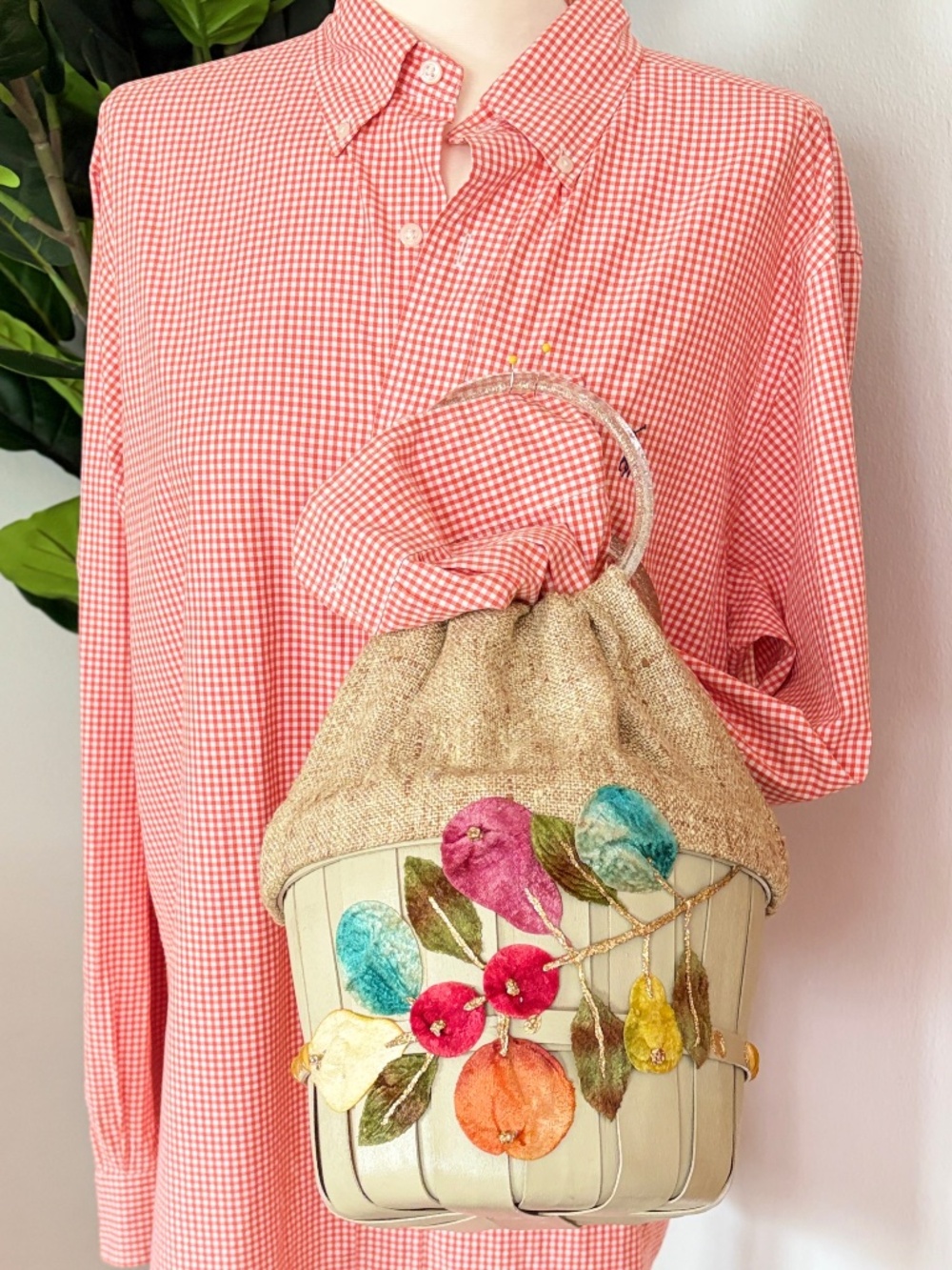 Vintage Groovy Evening Basket Handbag by East Texas Handbag Co, 1960s Appliques